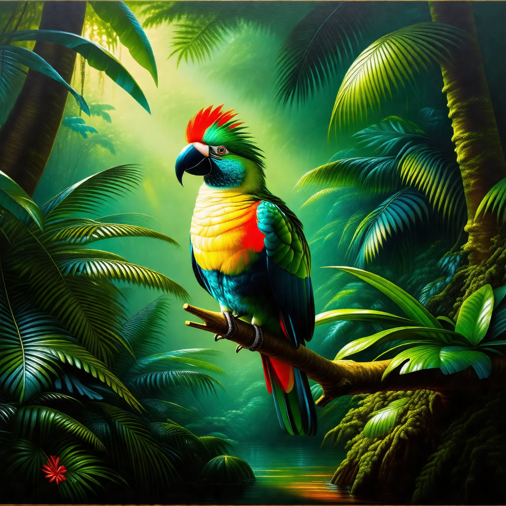 Colorful parrot perched on a tree branch in a lush green ...