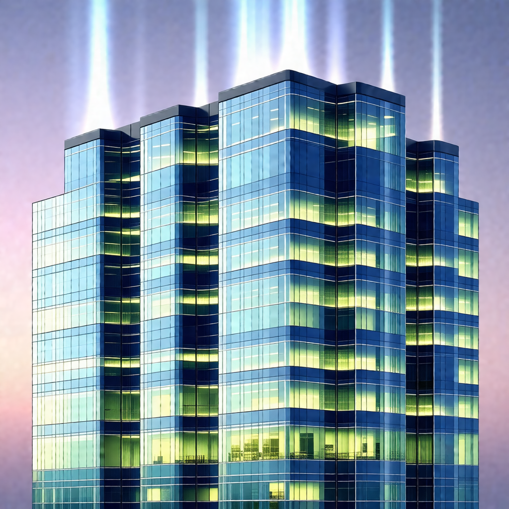 Large, multi-story building with a distinctive green and ...