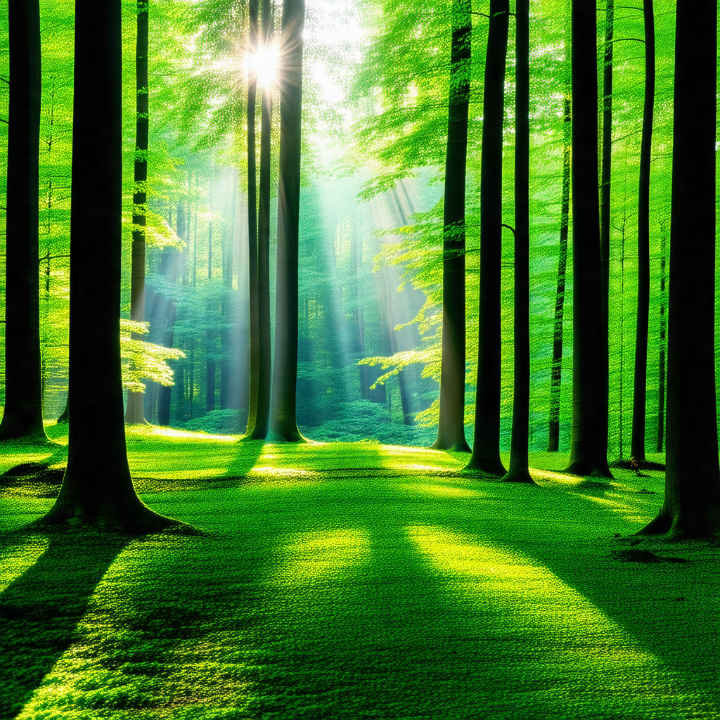 Lush green forest with a pathway leading through the trees