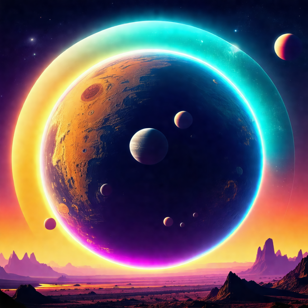 Colorful and detailed painting of a planet with several m...