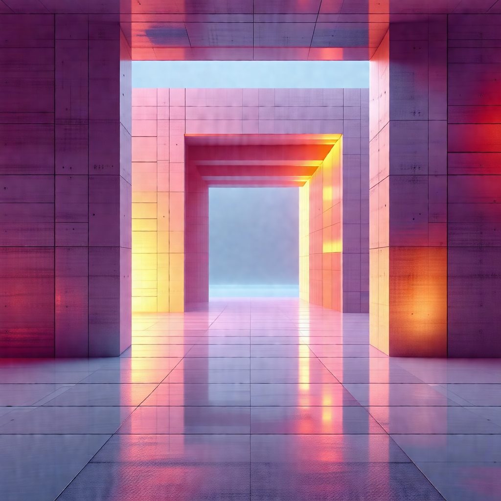 Long, narrow hallway with a bright pink light illuminatin...