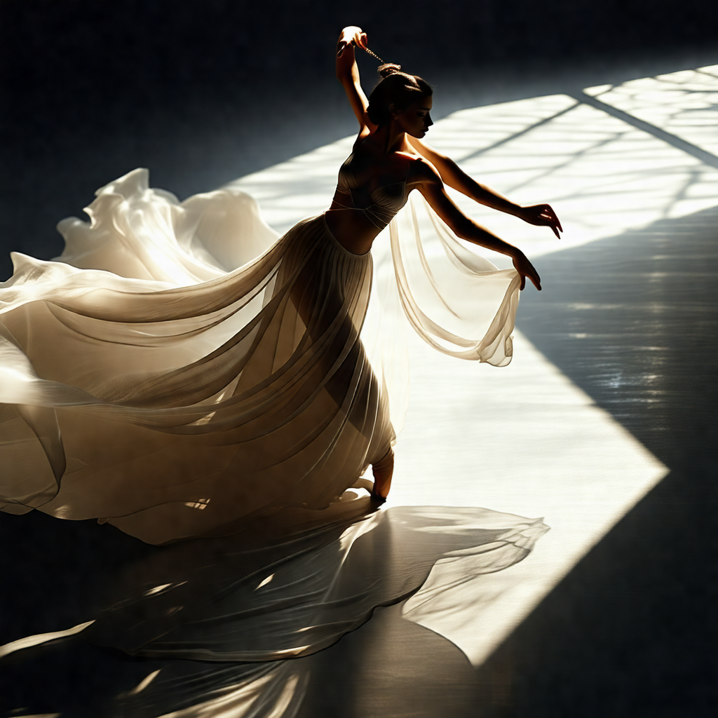 Woman in a white dress, gracefully dancing on a stage