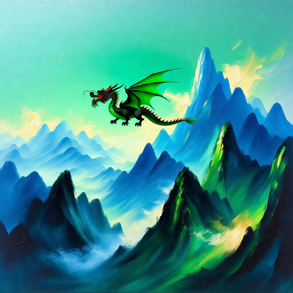 Dragon flying high in the sky, with its wings spread wide