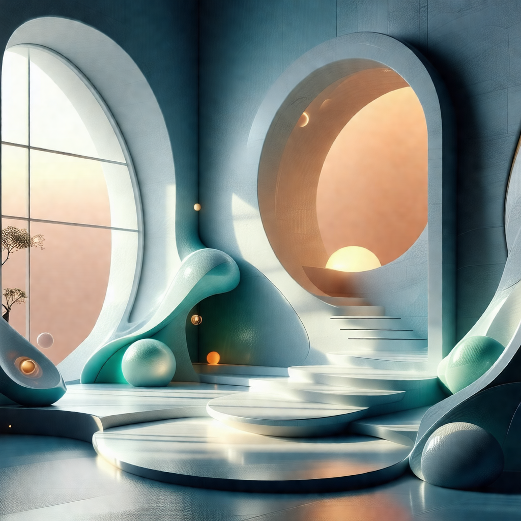 Futuristic room with a staircase leading to a door