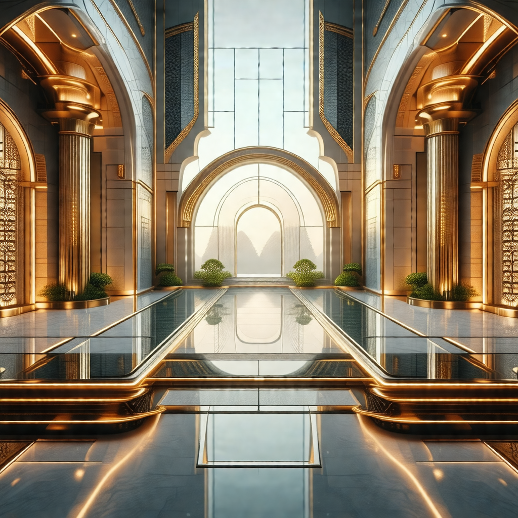 Large, ornate building with a large pool in the center