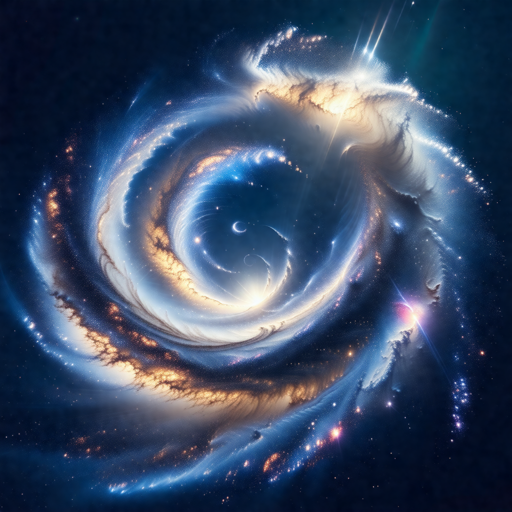 Blue and white space scene featuring a spiral galaxy