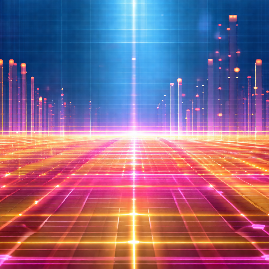 Futuristic, colorful, and abstract scene featuring a long...