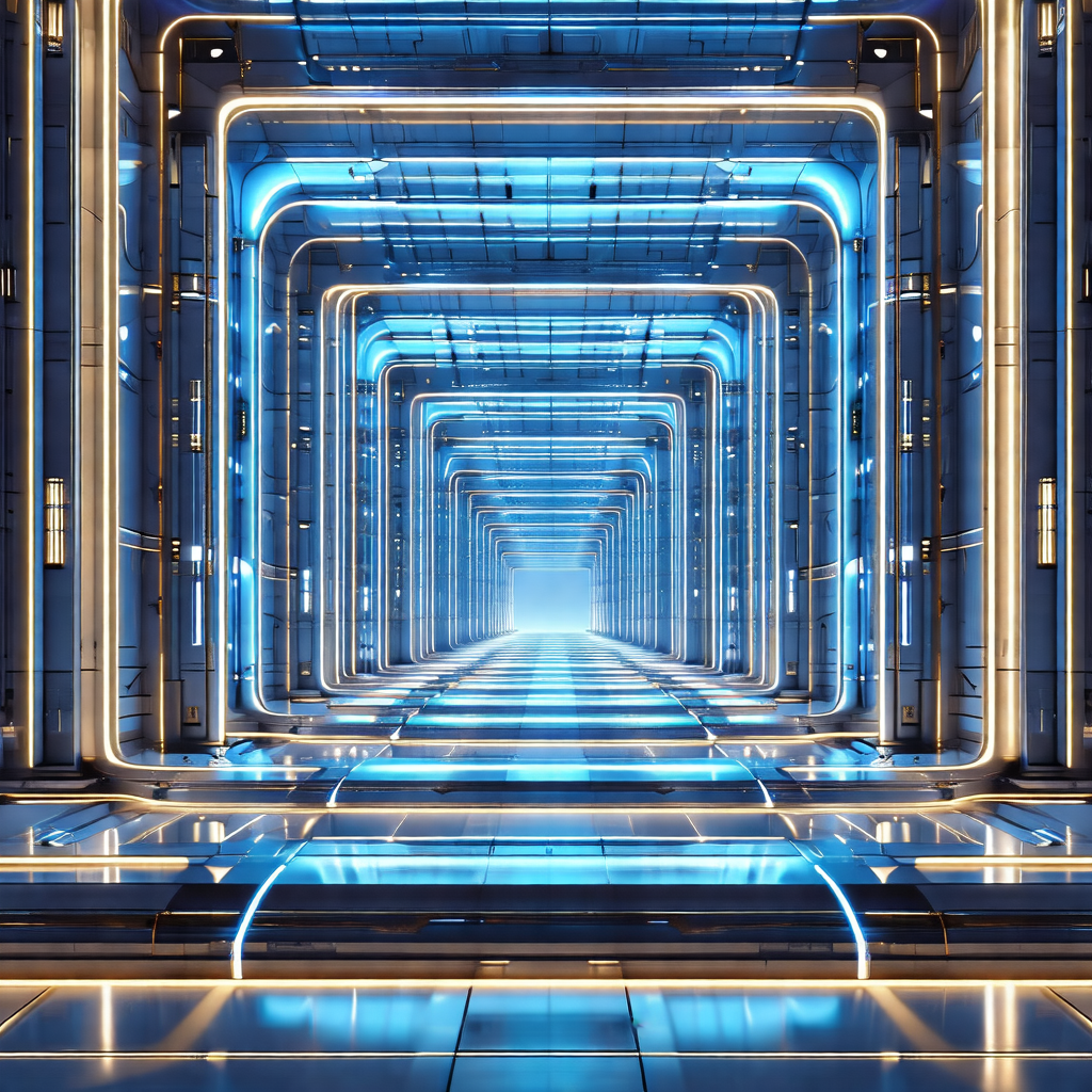 Futuristic, blue-lit tunnel with a long, narrow hallway