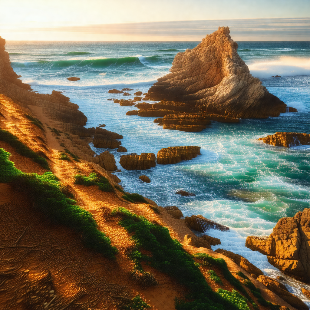 Beautiful coastal scene with a rocky shoreline and a larg...