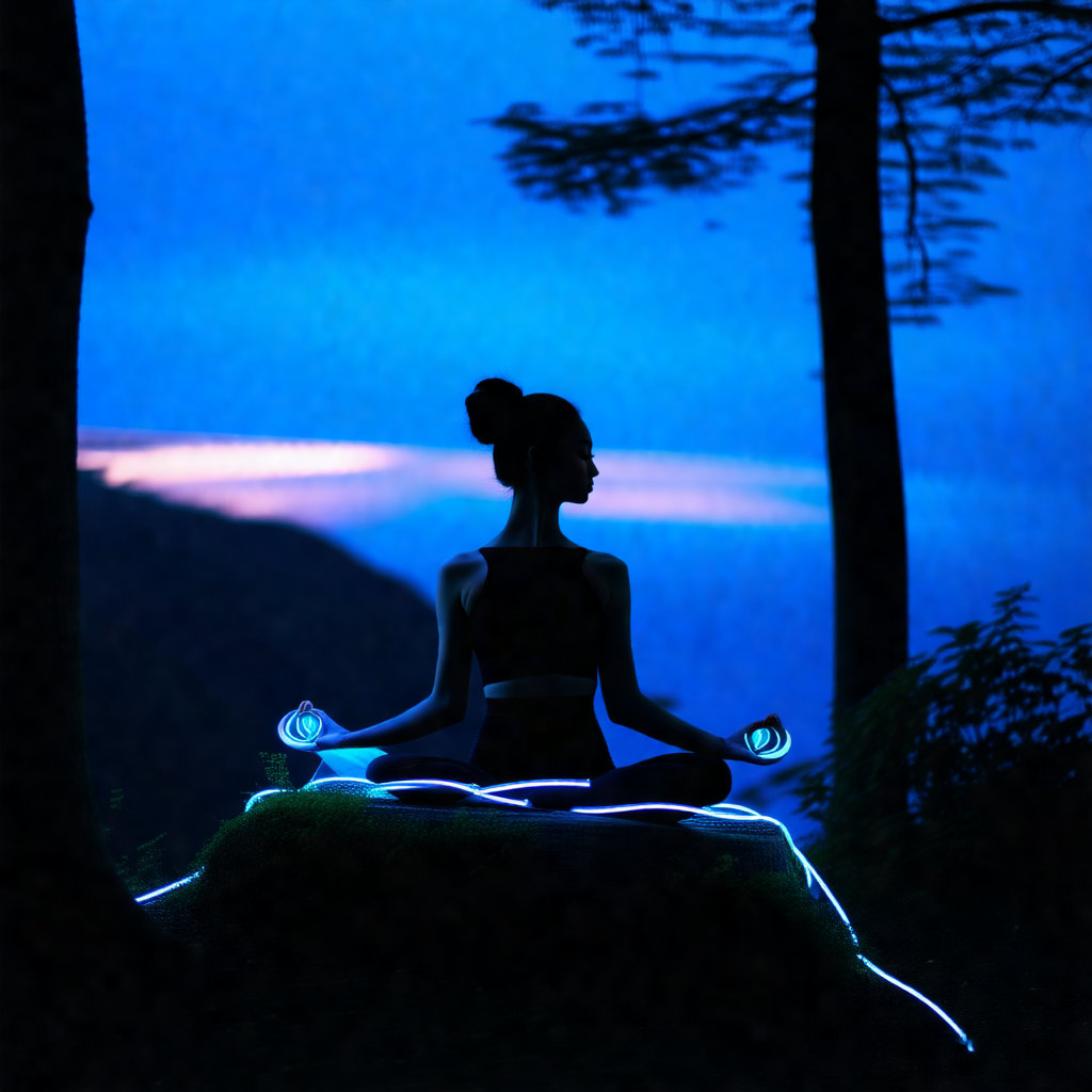 Woman sitting on a rock in a forest, surrounded by trees