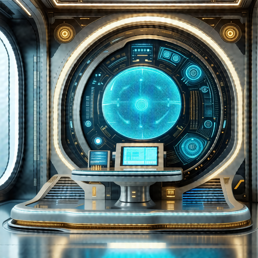 Futuristic room with a large, round, blue and white displ...