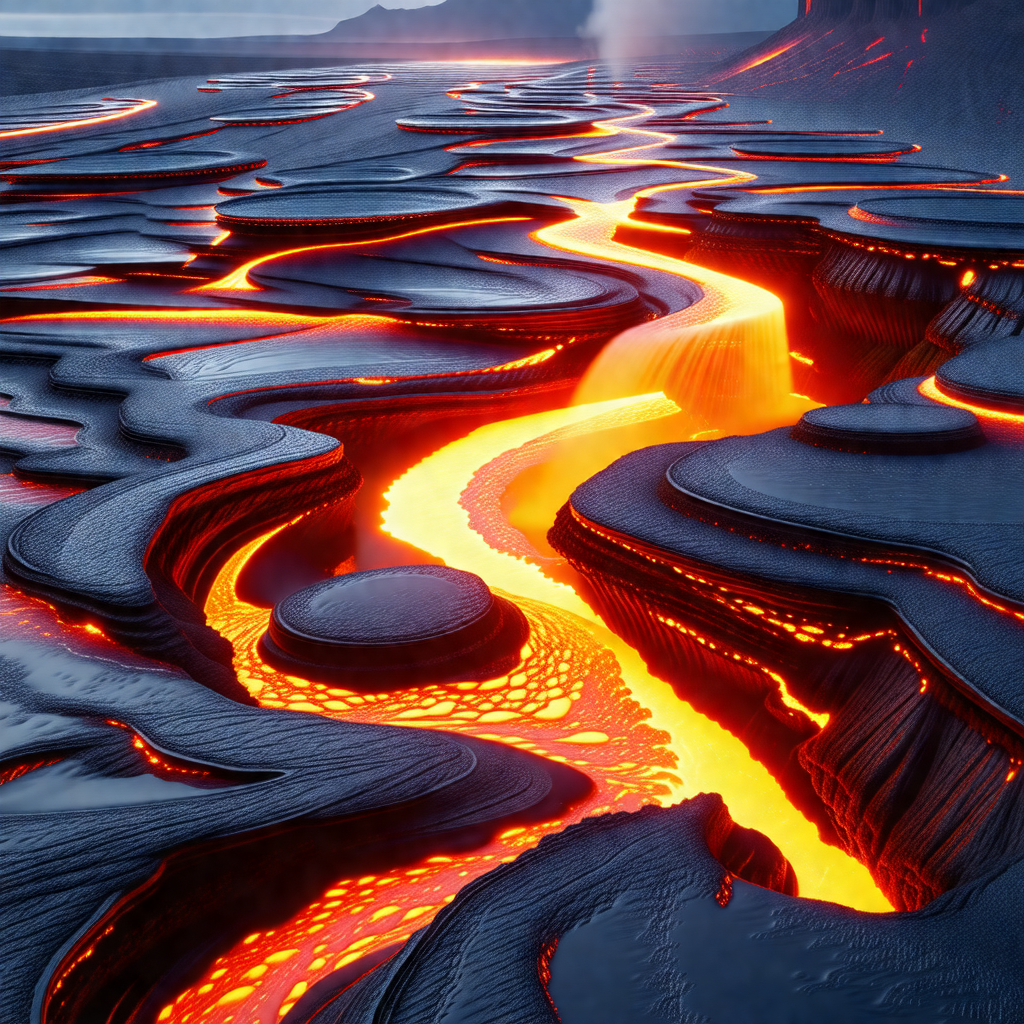 Large, red, and orange lava flow, with a river of lava fl...