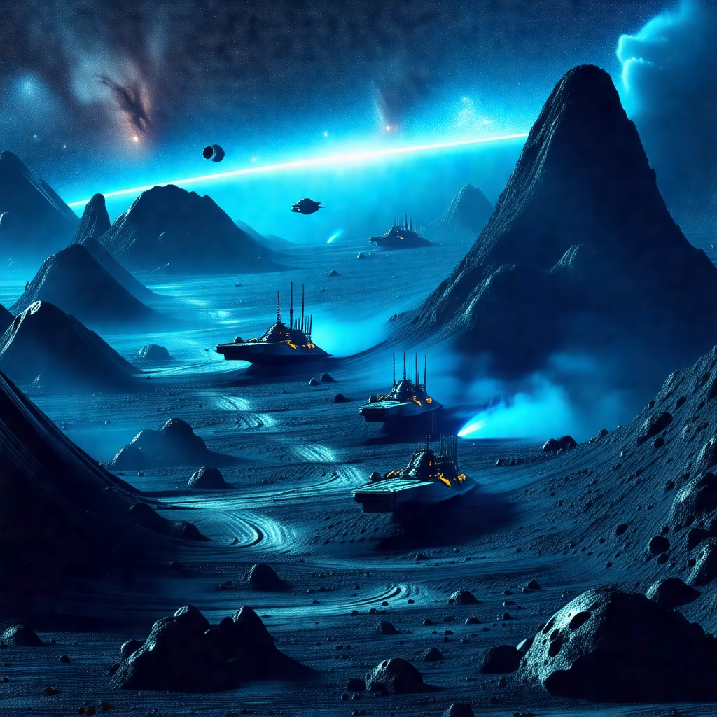 Futuristic scene of a group of spaceships traveling throu...