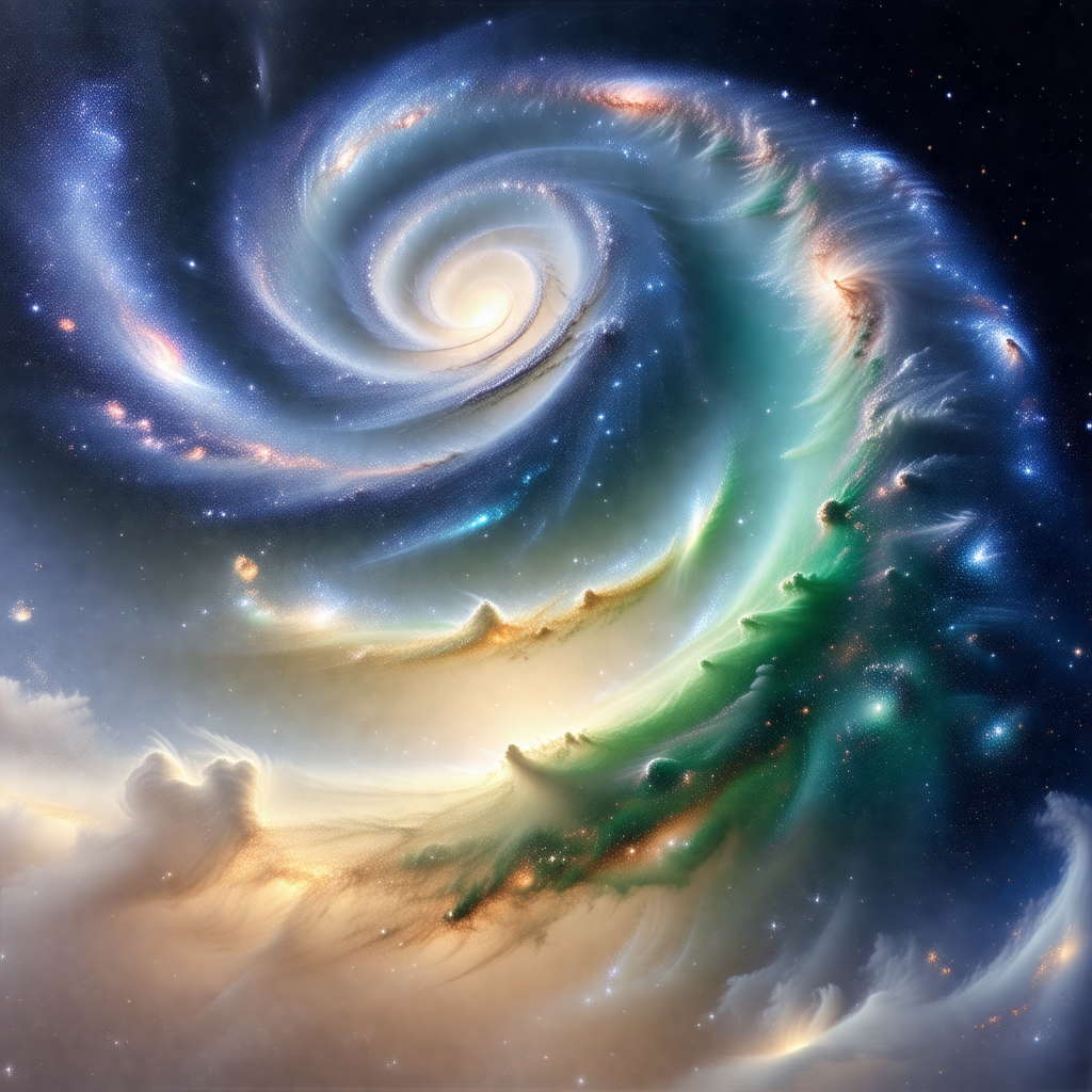 Painting of a spiral galaxy, featuring a swirling pattern...