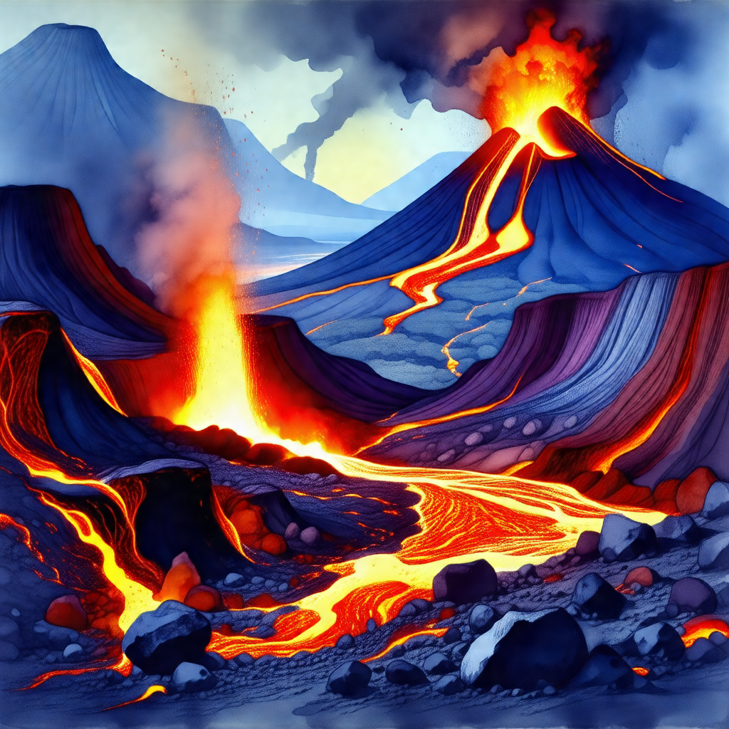 Vivid scene of a volcano with lava flowing down its side