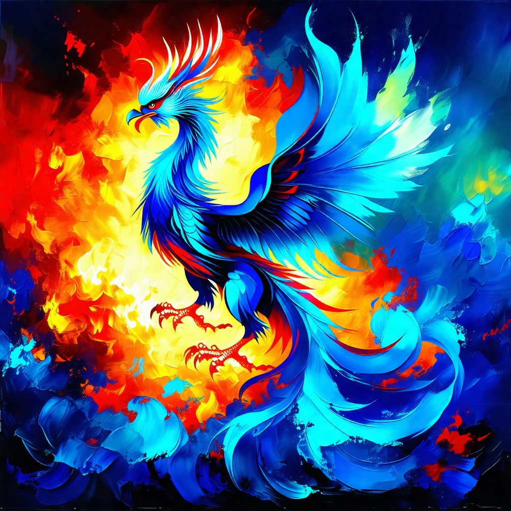 Large, colorful dragon with a blue and red body, standing...