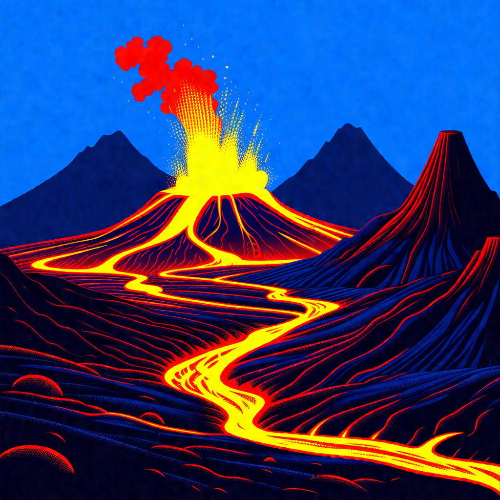 Volcano with a large eruption, spewing lava and smoke int...
