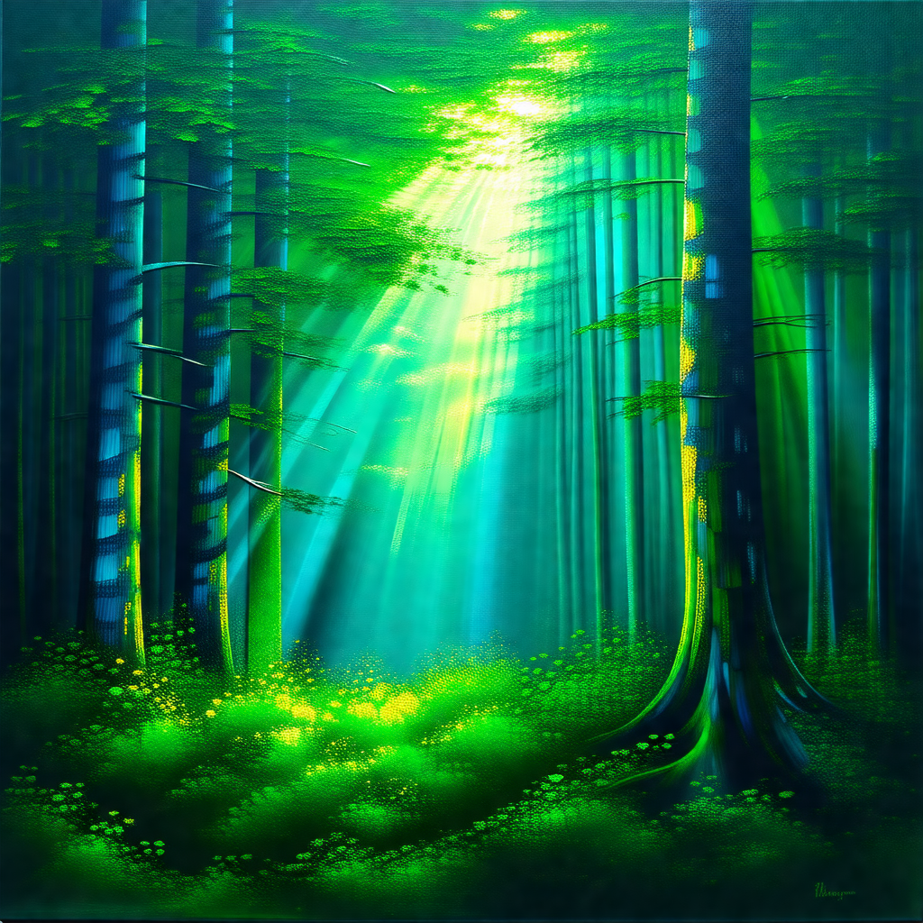 Lush green forest with a bright sun shining through the t...