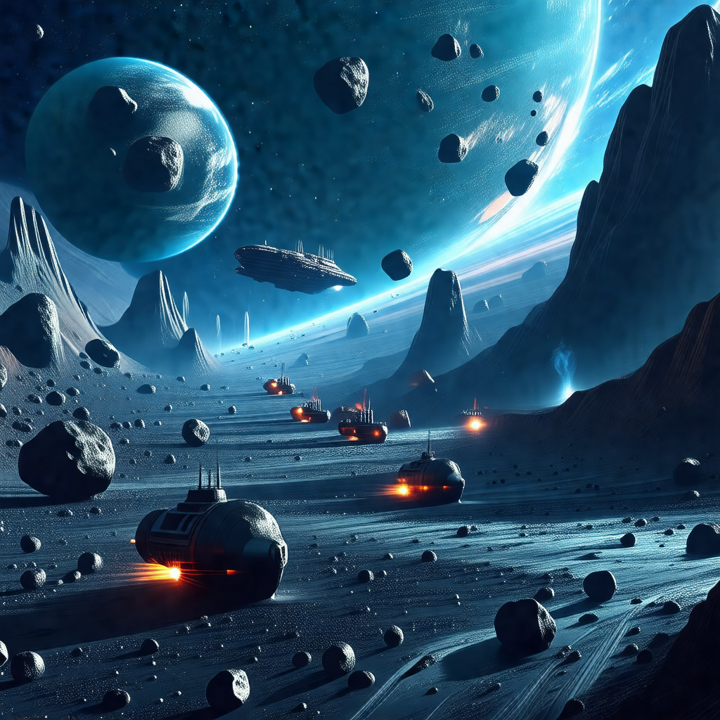 Futuristic scene featuring a group of small spaceships tr...