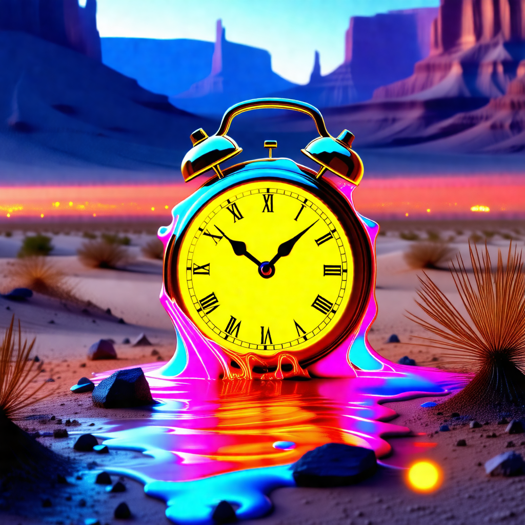 Large, colorful clock sitting in a desert-like environment