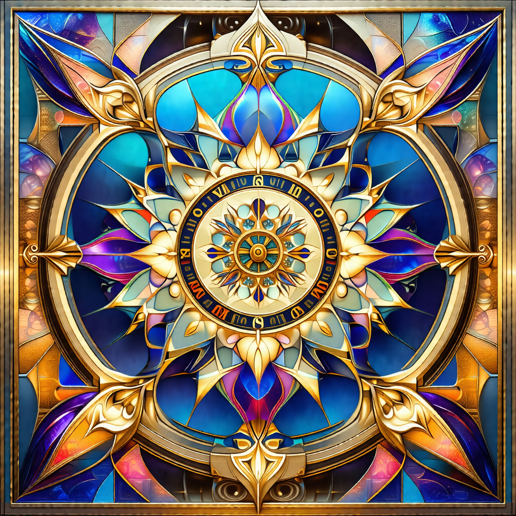 Beautifully designed stained glass window with a sun at i...