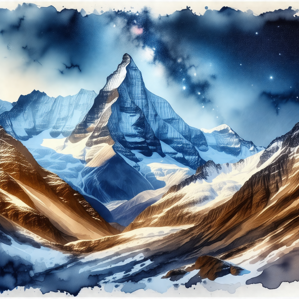Painting of a mountain range with a snowy peak