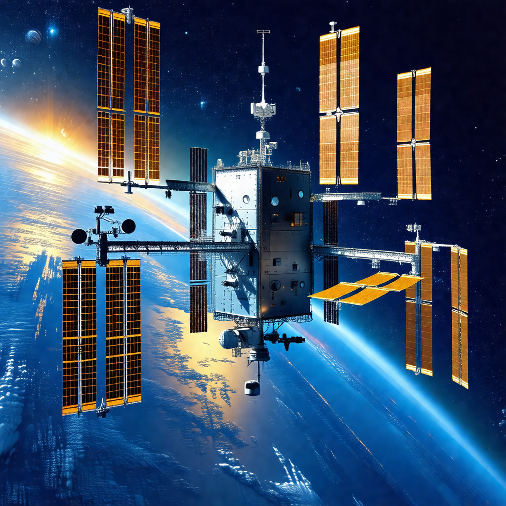 Space shuttle with a large satellite dish on top of it