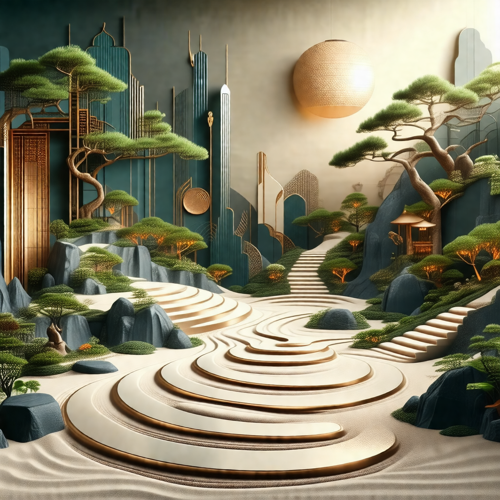 Large, intricately designed garden with a variety of tree...