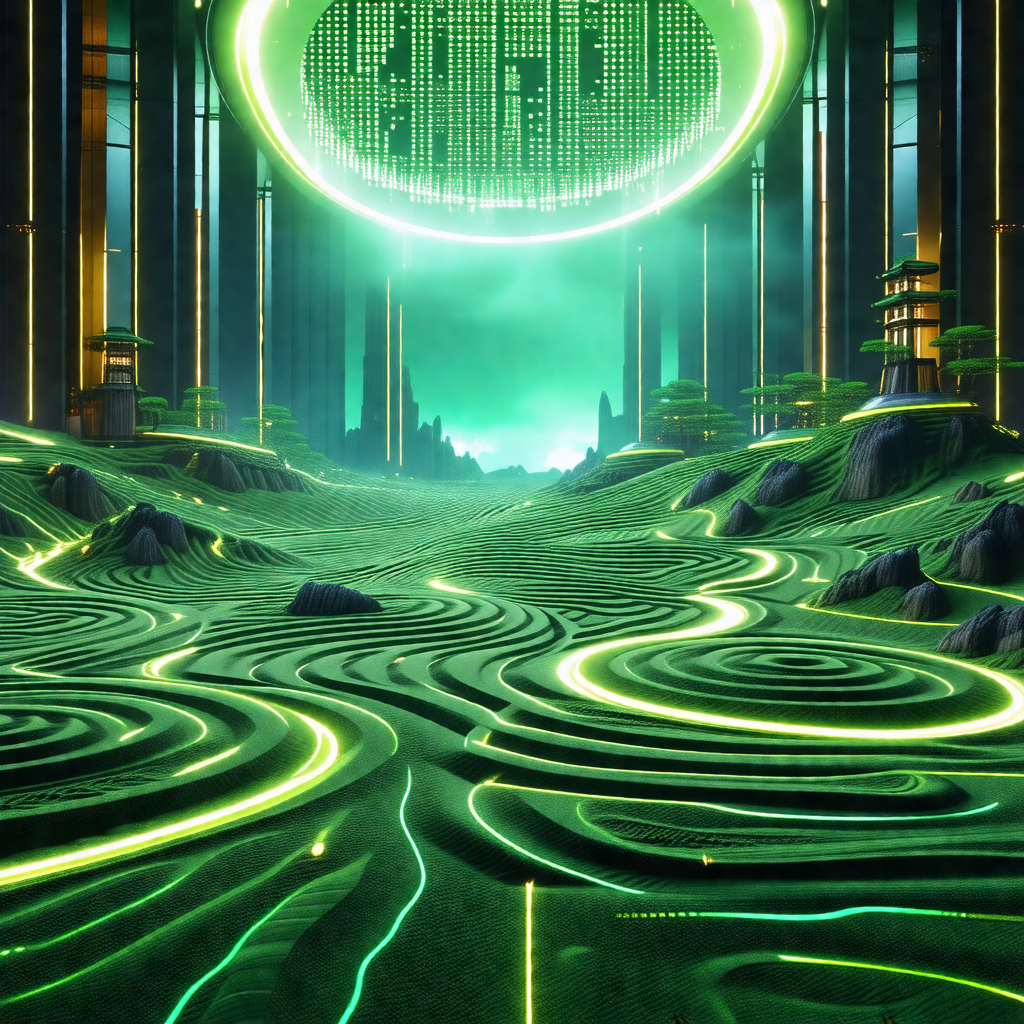 Futuristic landscape with a large, glowing green structur...