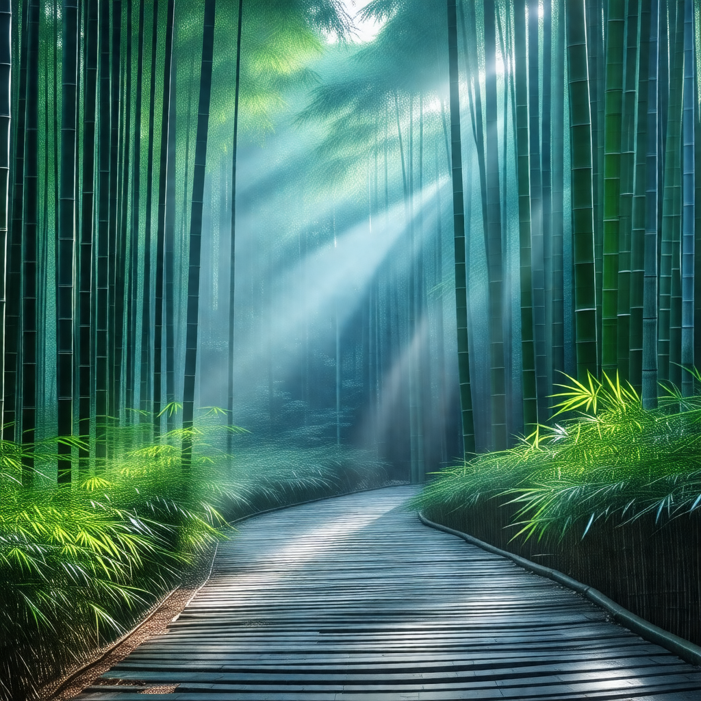 Pathway surrounded by a forest of tall, slender bamboo trees