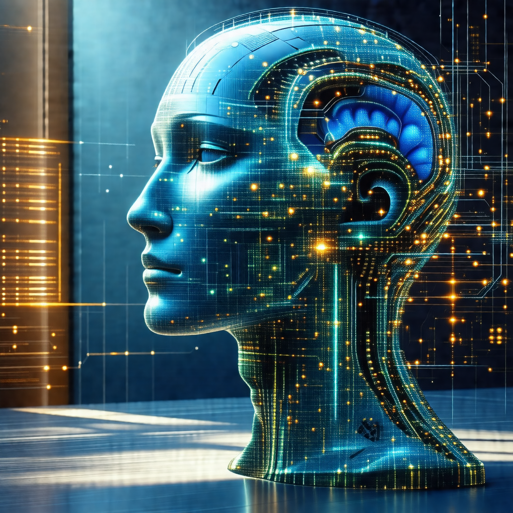 Close-up of a computer-generated head with a blue and yel...