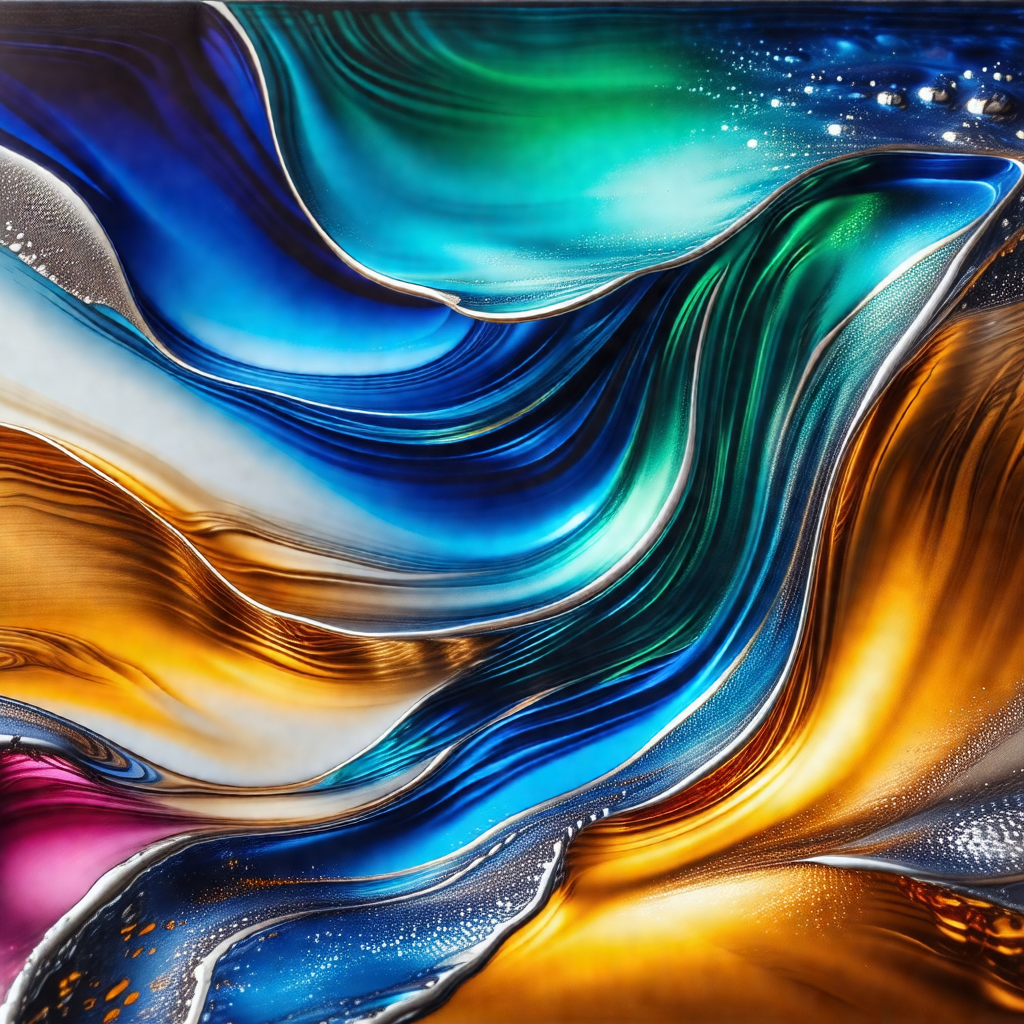 Colorful abstract painting featuring a mix of blue, yello...