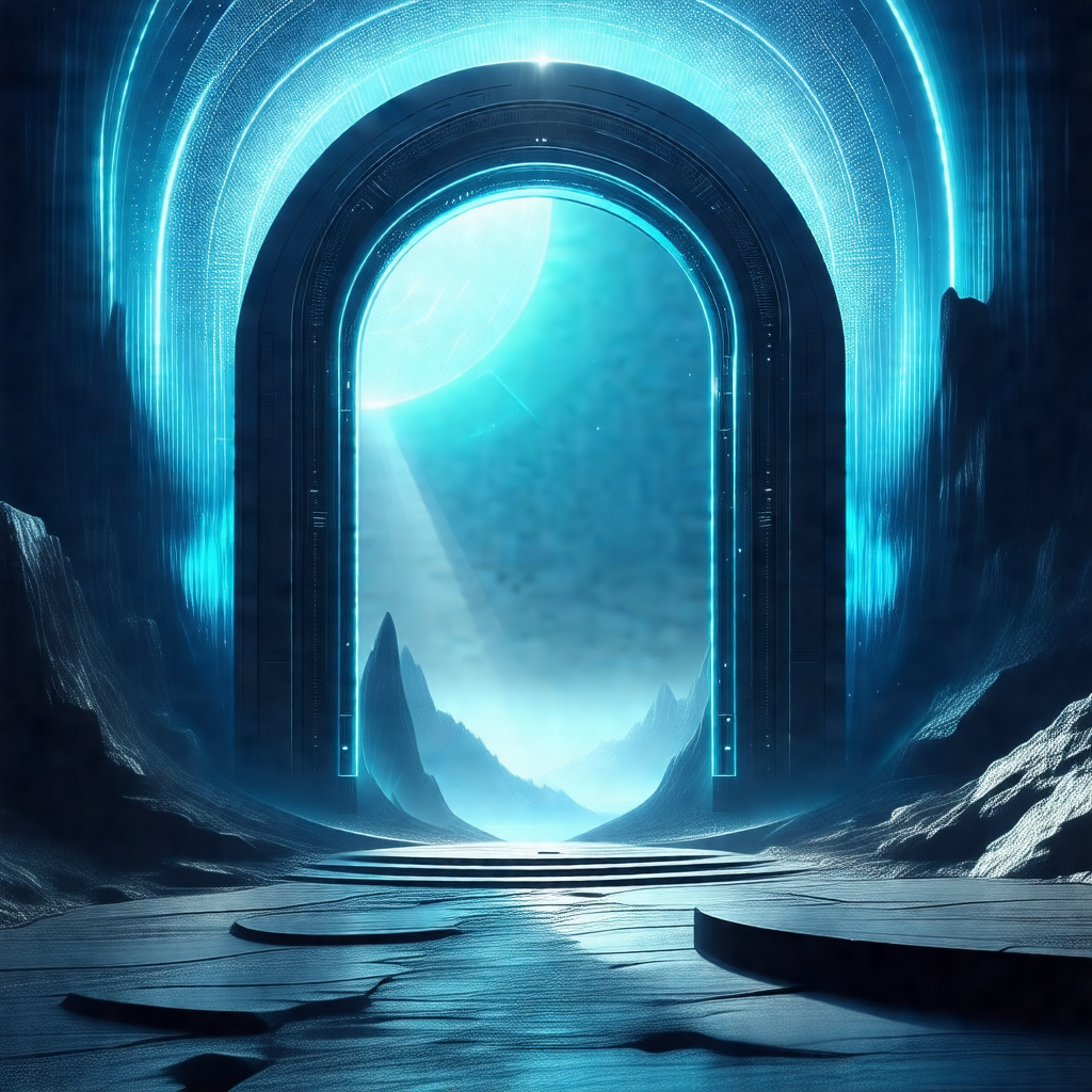 Futuristic scene with a large, blue, glowing archway lead...