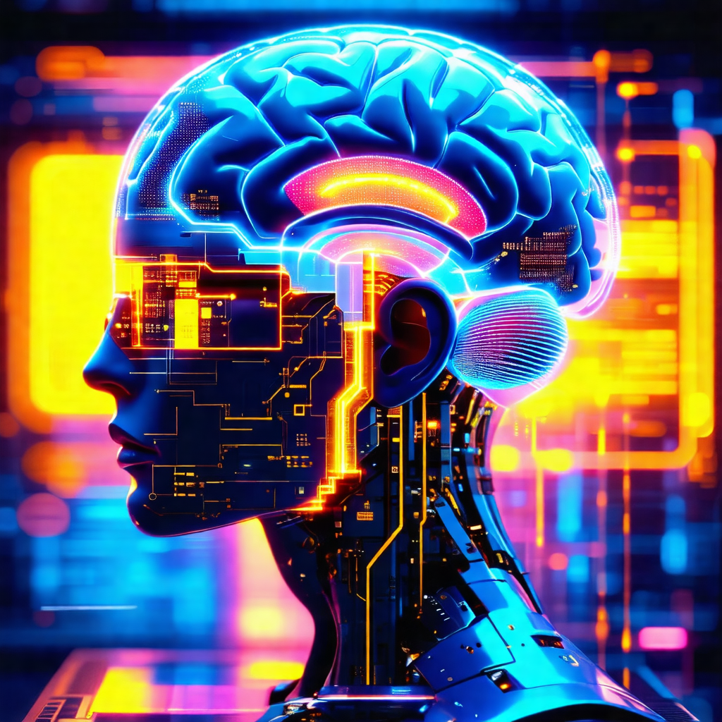 Close-up of a human head with a blue and orange glow