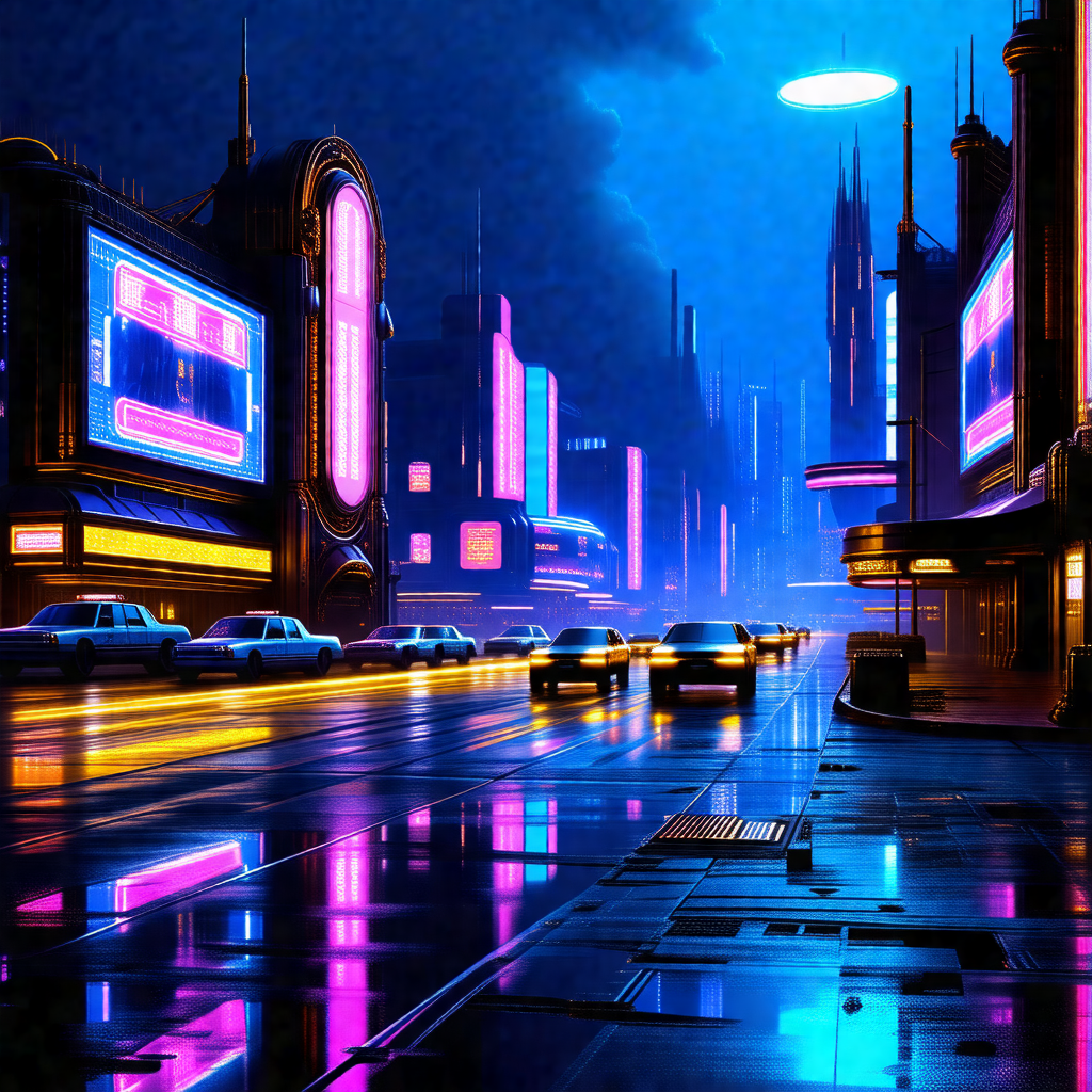 Futuristic cityscape at night, featuring a rain-soaked st...