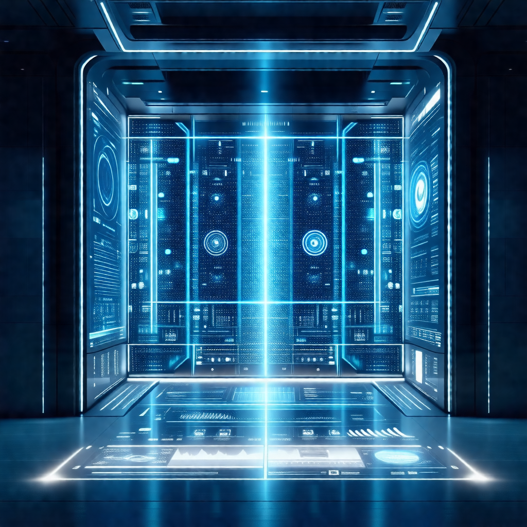 Futuristic room with a large door that is open