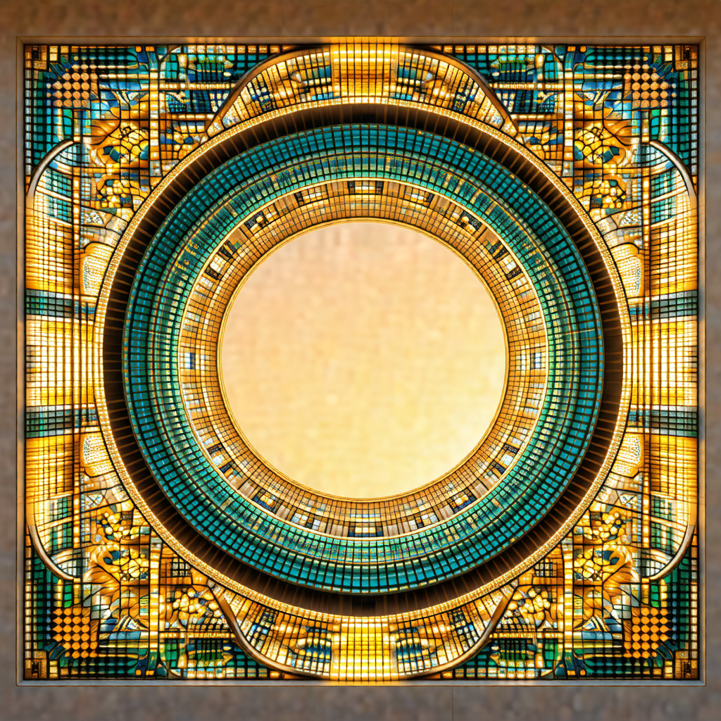 Stained glass window with a round, blue circle in the center