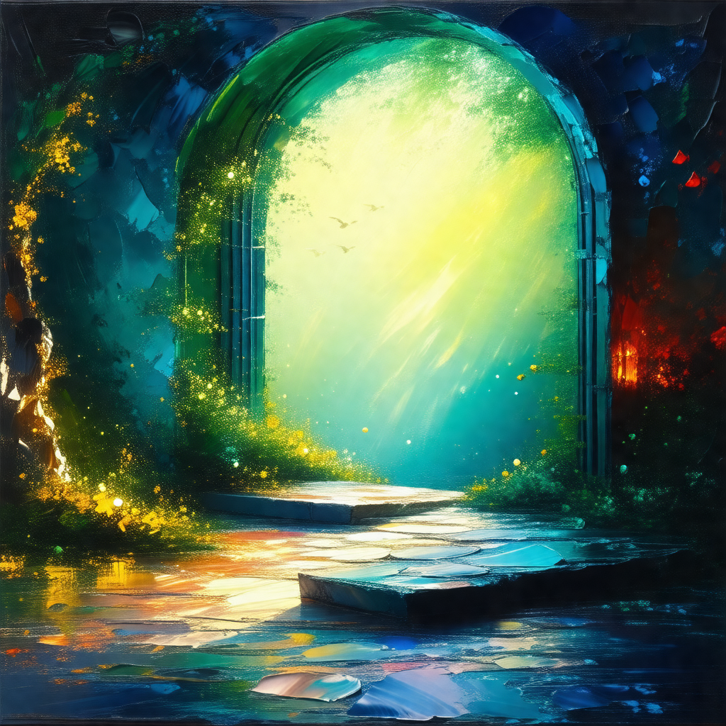 Beautifully painted scene of a forest with a blue and gre...