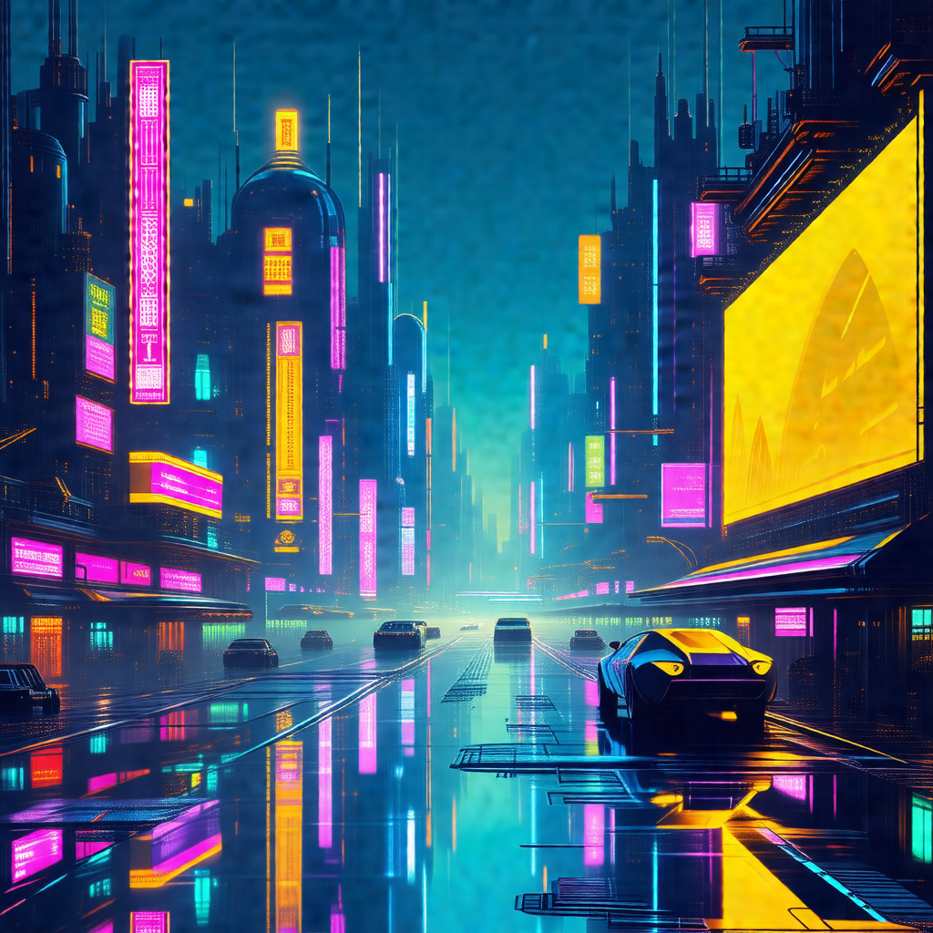 Futuristic cityscape with a rain-soaked street filled wit...