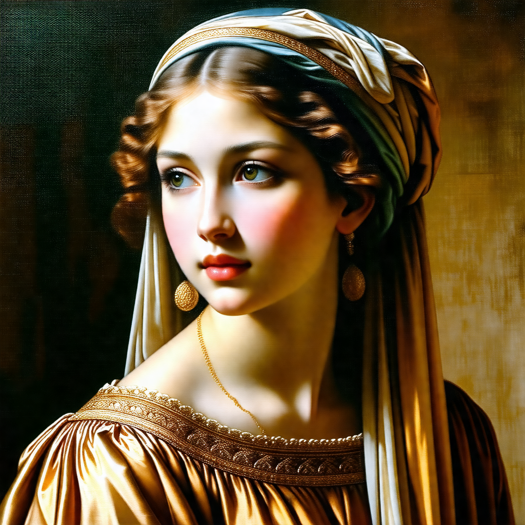 Beautiful woman with long, flowing hair, wearing a gold n...