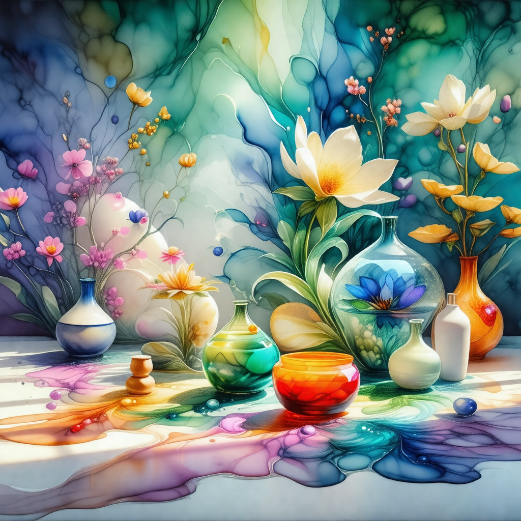 Table with a variety of vases and bowls filled with flowers