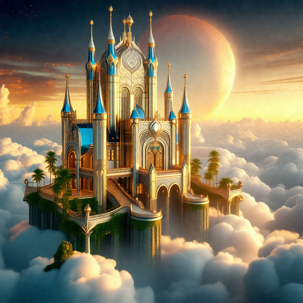 Large, intricately designed castle with a blue and white ...