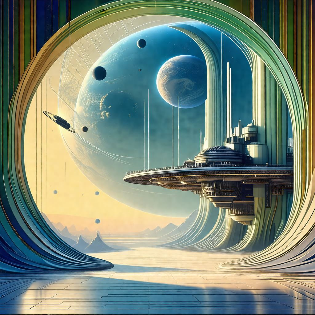 Futuristic painting featuring a large, curved building wi...