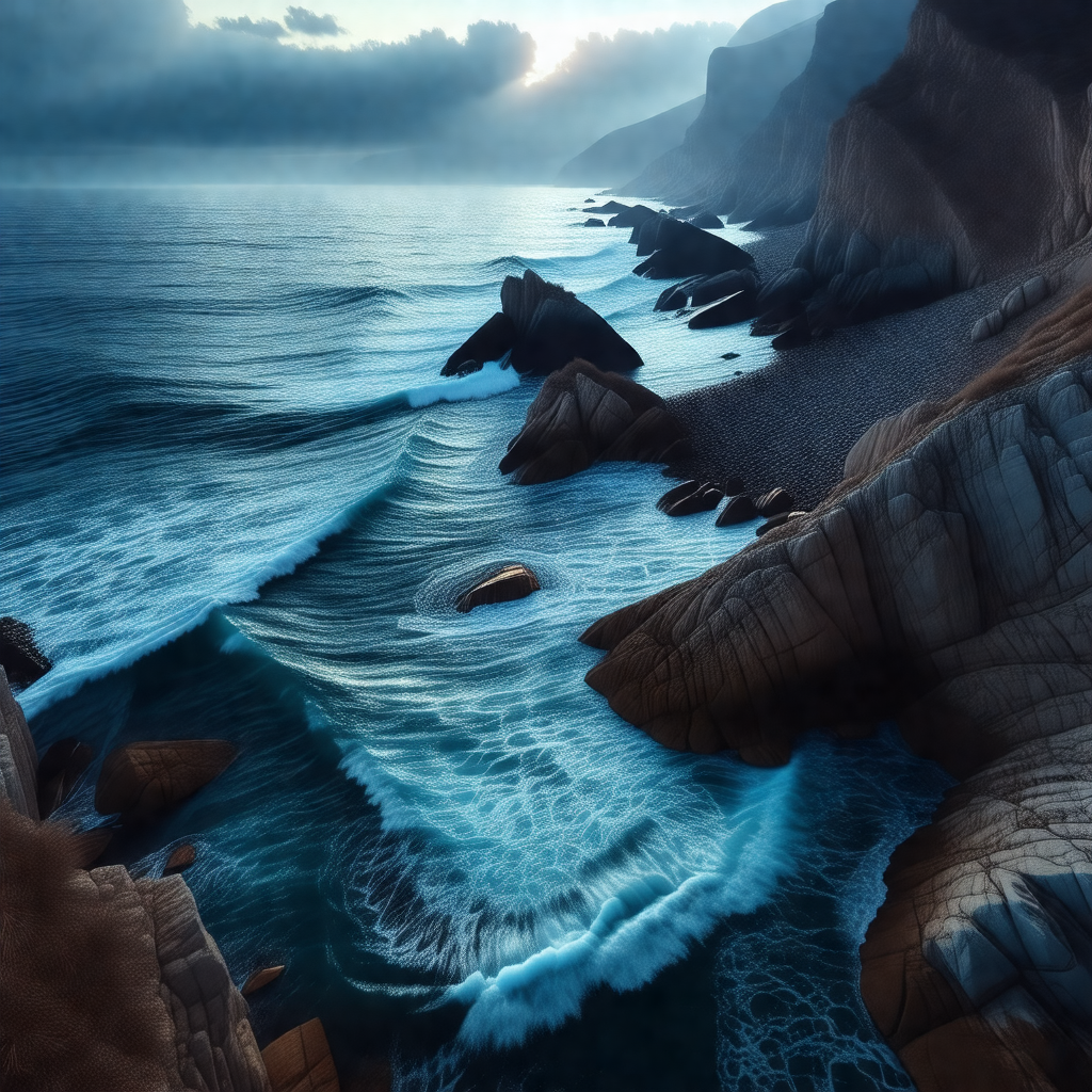 Painting of a beautiful ocean scene with a rocky coastline