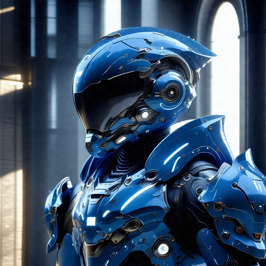 Futuristic robot with a blue helmet, standing in a room
