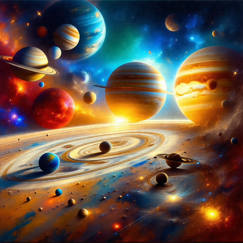 Painting of a solar system, featuring a variety of planet...