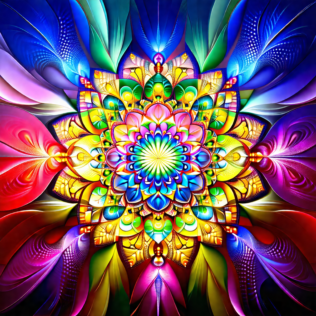 Vibrant and colorful flower design, likely a mandala, wit...