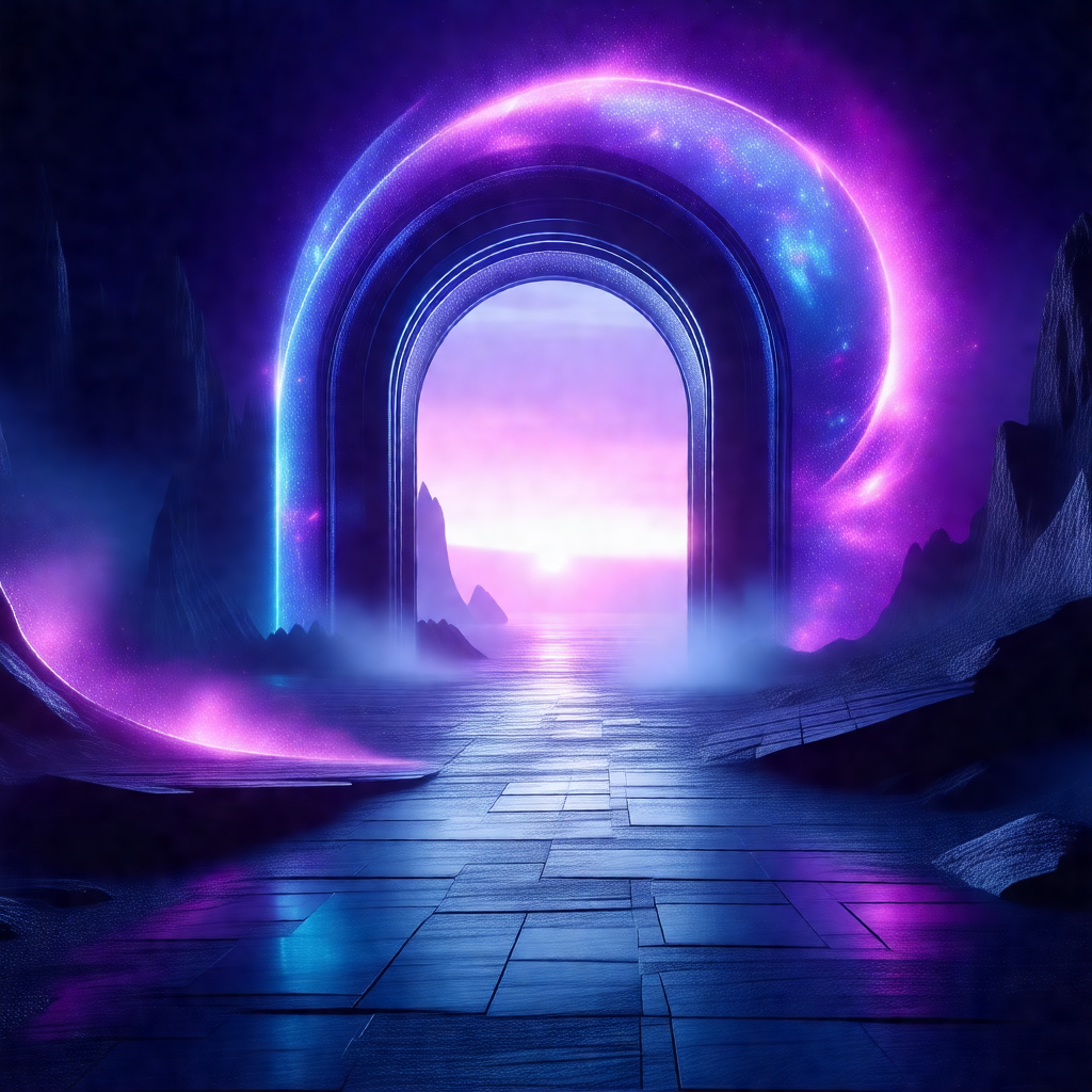 Large, purple, circular doorway that leads to a beautiful...