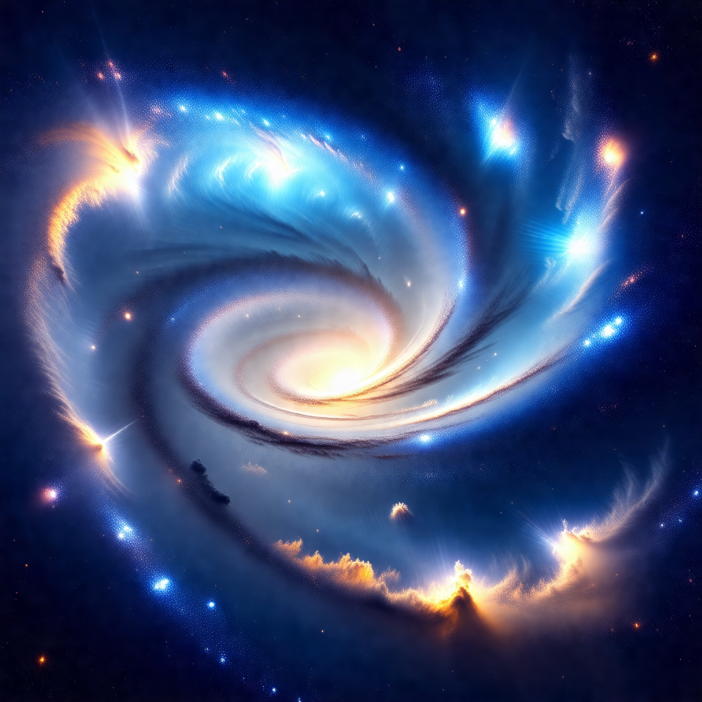 Spiral galaxy with a bright blue center, surrounded by a ...