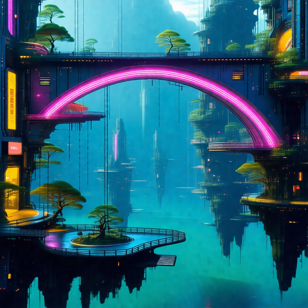 Futuristic cityscape with a large, colorful bridge spanni...
